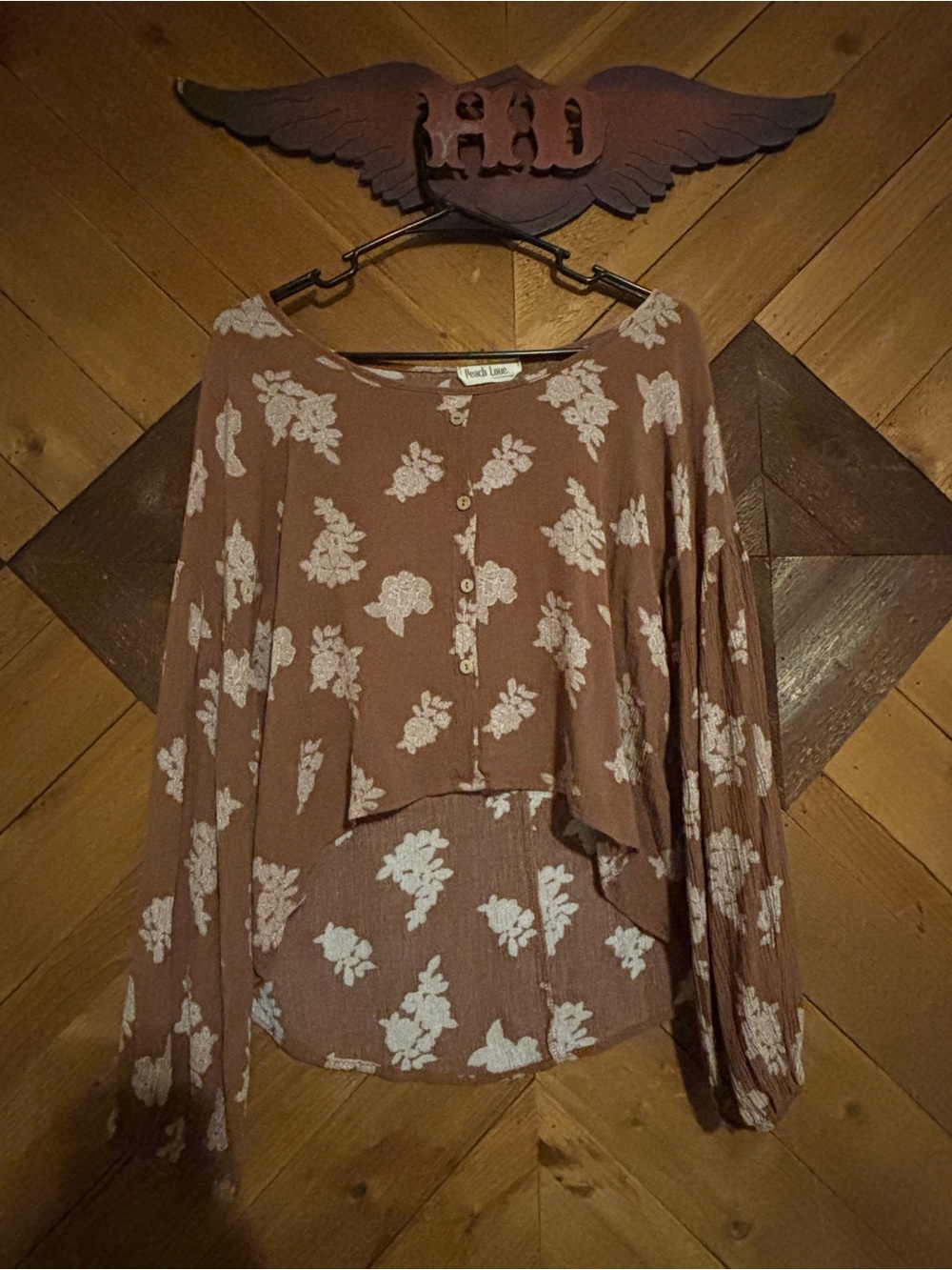 Peach Love California Dusty Mauve Floral Button-Front Long Sleeve Top